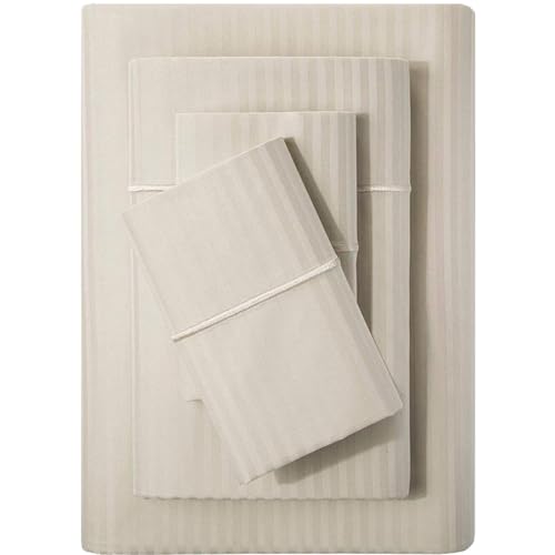 Feather & Stitch 500 TC King Size Damask Bed Sheet Set, 100% Cotton Soft Breathable Bedsheets, 4 Piece 18" Deep Pockets Sateen Weave Striped Bedding Mattress Resort Hotel Luxury- (Beige Stripe)