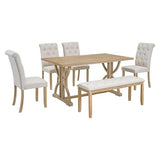 Merax 6-Piece Retro Rectangular Dining Table Set, Table with Unique Legs and 4 Upholstered Chairs & 1 Bench for Dining Room and Kitchen, Natural Wood Wash Merax