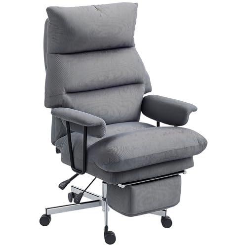 HOMCOM Large Overstuffed Office Chair with Lumbar Support, High Back Reclining Executive Corduroy Computer Desk Chair with Footrest, Swivel Wheels, Gray HOMCOM