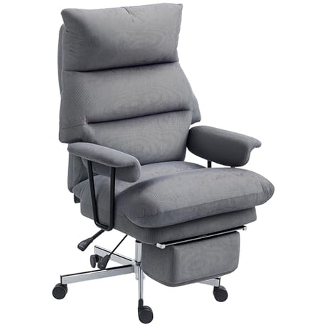 HOMCOM Large Overstuffed Office Chair with Lumbar Support, High Back Reclining Executive Corduroy Computer Desk Chair with Footrest, Swivel Wheels, Gray HOMCOM