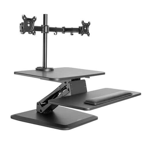 Mount-It! Standing Desk Converter, Stand Up Desk Riser with Dual Monitor Mount, Adjustable Workstation in Black, Top Platform 23" Wide, Keyboard Mouse Tray 27" Wide, Raises 5" to 17" Tall Mount-It!