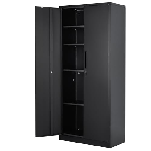 VEVOR Steel Locking Storage 2 Magnetic Doors and 4 Adjustable Shelves, 71'' Metal Cabinet 200 lbs Capacity per Shelf with 3 Keys, for Office, Home, Garage, Black - WoodArtSupply