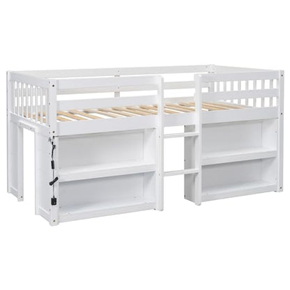 HZANHY Modern Farmhouse Twin Low Loft Bed with Storage, Stairs, Two-Tier Shelves, and LED Light for Kids - WoodArtSupply