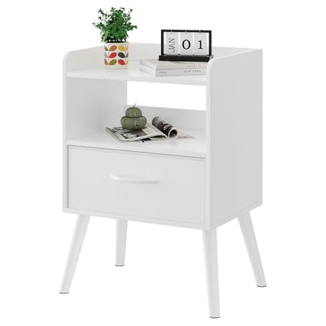 White Nightstand with Open Shelf,Small Night Stand Bedroom Bedside Table with Drawer Storage,Side Table End Table with Solid Wood Feet,Mid Century Night Stands for Office Home Sofa Couch(White) Huhote