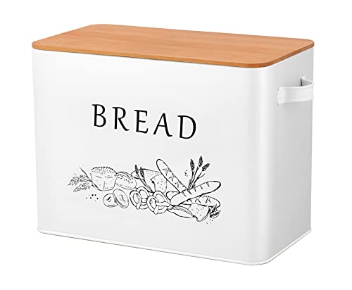 TeamFar Bread Box with Wooden Lid, 13.1” x 7.2” x 9.7” Metal Bread Container Storage Holder for Family Farmhouse Kitchen Countertop, Powder-Coated & Healthy, Large Capacity & Classic Pattern (White) TeamFar