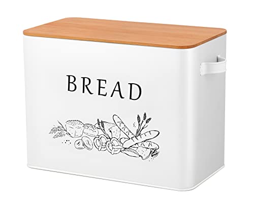 TeamFar Bread Box with Wooden Lid, 13.1” x 7.2” x 9.7” Metal Bread Container Storage Holder for Family Farmhouse Kitchen Countertop, Powder-Coated & Healthy, Large Capacity & Classic Pattern (White)