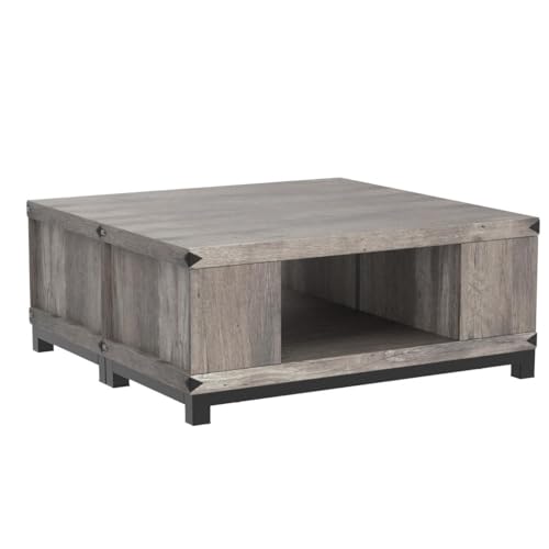 LED Coffee Table with Storage Drawers, Farmhouse Wood Coffee Table for Living Room, Modern Square Tea Table with Double Storage Shelves, Metal Legs, Grey, 44"