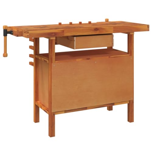 'vidaXL Solid Acacia Wood Workbench with Drawer and Vices – Ample Storage Space - Perfect for Garage, Workshop and Shed
