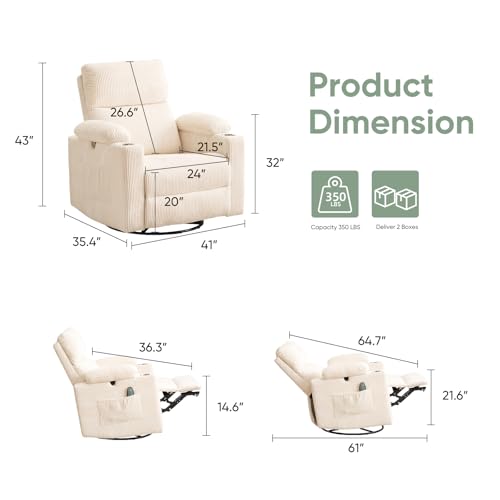 Oversized Power Recliner Chair Swivel Glider with Massage and Heat, Swivel Rocker Recliner with Adjustable Armrests, Nursery Chair with Adjustable Headrest, Rocker Nursery Recliner, Corduroy Beige
