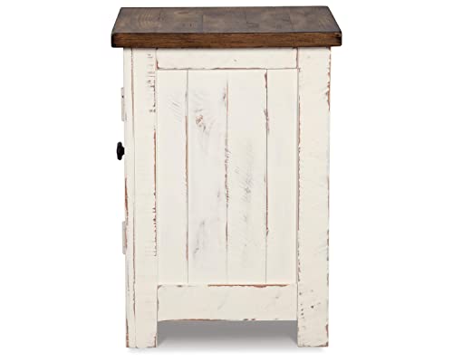 Signature Design by Ashley Wystfield Farmhouse Chair Side End Table with Cabinet Door for Storage, White & Brown with Distressed Finish Signature Design by Ashley