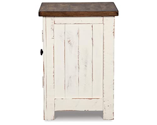 Signature Design by Ashley Wystfield Farmhouse Chair Side End Table with Cabinet Door for Storage, White & Brown with Distressed Finish - WoodArtSupply