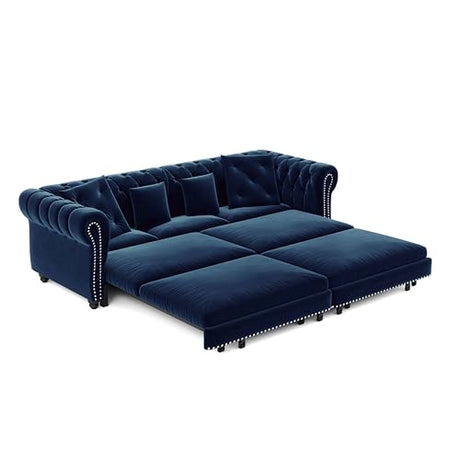 Tabaray 89'' Pull Out Sofa Bed King, Chesterfield Velvet Sleeper Sofa, Convertible L-Shaped Futon Couch, Tufted Back, 4 Pillows, Ottoman, Deep Seat Loveseat Couches for Living Room, Apartment, Blue Tabaray