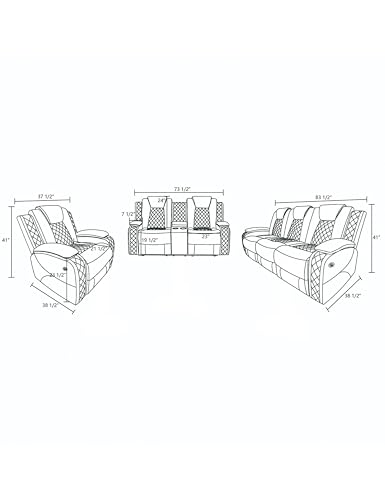 Power Reclining Sectional Sofa for Living Room, 3 Pieces Leather Recliner Sofa Set with USB Ports, LED Light, Wireless Charger & Storage Console, Living Room Furniture Sets with Home Theater Seating Puduvir