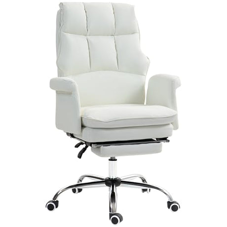 HOMCOM Executive Office Chair, PU Leather Ergonomic Office Desk Chair with Footrest, Reclining and Swivel Chair, White HOMCOM