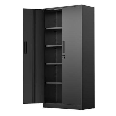 SUNCROWN 72" Metal Storage Cabinet - Heavy-Duty Metal Garage Cabinet with 4 Adjustable Shelves & 2 Doors for Tools, Office, Home, Workshop,Black-Small SUNCROWN