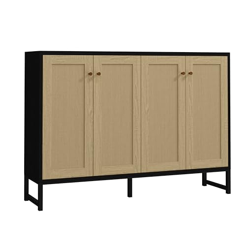 Panana Sideboard Accent Storage Cabinet with Rattan Decorated 4 Doors Dining Room Freestanding Kitchen Buffet Table Cupboard (Black) Panana