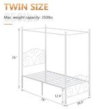 VECELO Metal Canopy Bed Frame Twin Size, 4 Posters Platform Mattress Foundation with Headboard, Heavy Duty Steel Slats Support, No Box Spring Needed, White
