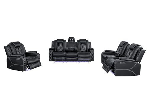 Ball & Cast Power Recliner Sofa Set Leather Reclining Couch Home Theater Seating 3PCS Recliner Couch Loveseat & Chair Sets with Coffee Table,Reading Light,Cup Holders for Home Theater,Living Room
