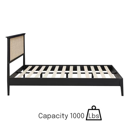 NTC Ruby Burnt Black Wooden Bed Frame with Natural Rattan Headboard, Silent Slats, and Solid Oak Foundation - King Size - WoodArtSupply