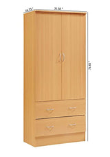 HODEDAH 2 Door Wood Wardrobe Bedroom Closet with Clothing Rod inside Cabinet and 2 Drawers for Storage, Beech Hodedah