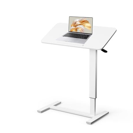 OUKMIC Mobile Standing Desk Portable Pneumatic Laptop Rolling Cart Adjustable Height, Tiltable Overbed Table Sit Stand Computer Workstations for Home Office w/Wheels Flat Desk 32", White OUKMIC