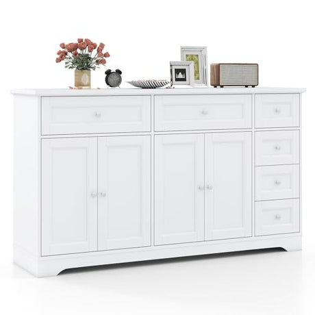 Giantex Large Buffet Cabinet with Storage, 59” Kitchen Cabinet with 4 Doors, 6 Drawers & 2 Adjustable Shelves, Modern Sideboard for Living Room, Coffee Bar, White Giantex