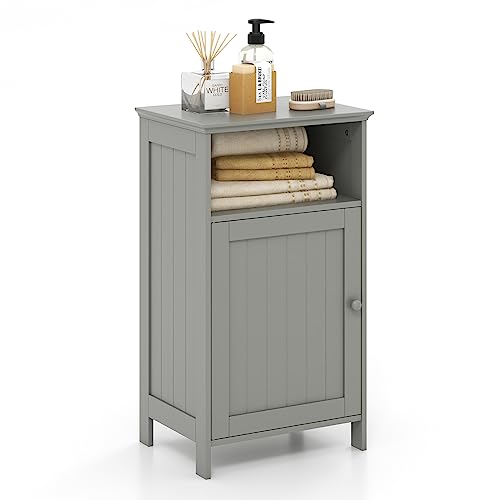 Tangkula Bathroom Storage Cabinet, Freestanding Wood Single Door Side Floor Cabinet with Adjustable Shelf, Small Bathroom Cabinet for Small Spaces, Bathroom, Living Room (Grey)