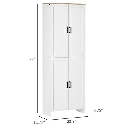 HOMCOM Kitchen Pantry, 72" Tall Storage Cabinet with 4 Doors and Adjustable Shelves, Freestanding Kitchen Cabinet with Doors and Shelves, White