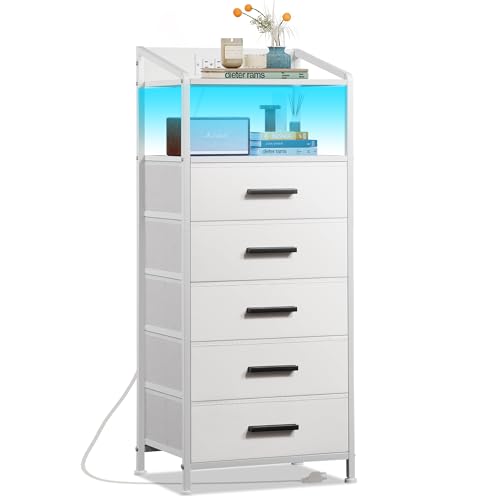 EKNKOZY Nightstand 5 Drawer Dresser with LED Lights and Charging Station, Vertical Side Table with Fabric Drawers, End Table with Open Shelf, Tall Dresser for Bedroom, Hallway, Entryway, White EKNKOZY