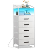 EKNKOZY Nightstand 5 Drawer Dresser with LED Lights and Charging Station, Vertical Side Table with Fabric Drawers, End Table with Open Shelf, Tall Dresser for Bedroom, Hallway, Entryway, White EKNKOZY