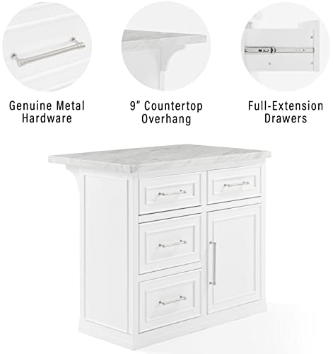 Crosley Furniture Cutler Faux Marble Top Kitchen Island with Storage, Breakfast Bar, Microwave Stand, White Crosley Furniture