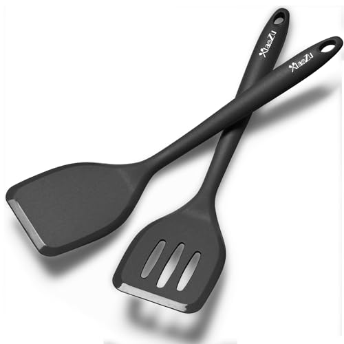 Silicone Spatula Turner Set, High Heat Resistant Spatulas with Seamless One Piece Design, Nonstick Rubber Flippers Utensils for Baking & Cooking,BPA-Free, Black,11 IN