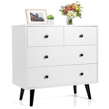 Tangkula 4 Drawer Storage Cabinet, Wood Chest of Drawers, Freestanding Floor Side Cabinet with Legs & Metal Handles, Modern Storage Drawer for Living Room (White) Tangkula