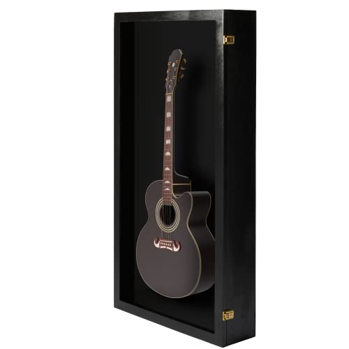 PENNZONI Extra Large Acoustic Guitar Display Case - Wall Mount Display Case for Acoustic/Electric Guitars - Ultra Clear Acoustic Guitar Solid Wood Frame Display Case | Black, Black Felt PENNZONI