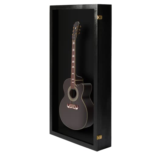 PENNZONI Extra Large Acoustic Guitar Display Case - Wall Mount Display Case for Acoustic/Electric Guitars - Ultra Clear Acoustic Guitar Solid Wood Frame Display Case | Black, Black Felt - WoodArtSupply