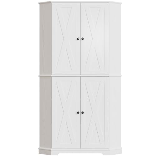 IRONCK Corner Cabinet, 72" H Kitchen Pantry Storage Cabinet, 4 Barn Doors with Storage Rack, 4 Adjustable Shelves, 6-Tier Tall Food Pantry Cabinet, Farmhouse Hutch for Kitchen Dining Room, White IRONCK