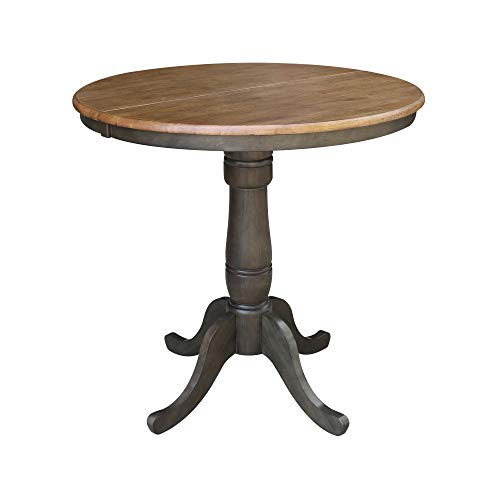 IC International Concepts 36" Round Top Pedestal 12" Leaf-35.3" H-Counter Height Dining Table, Hickory/Washed Coal IC International Concepts