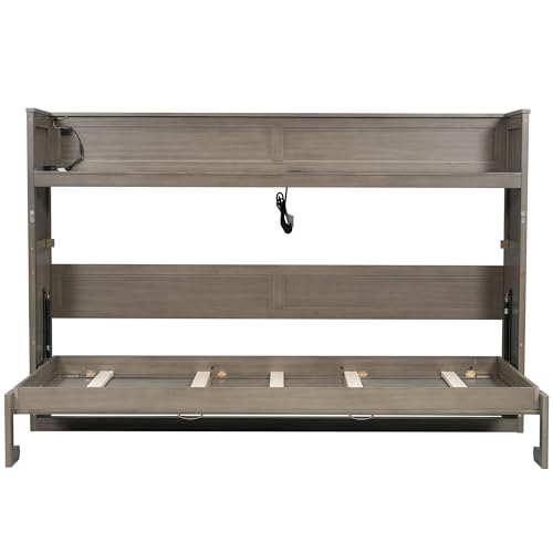 GDFStudio Twin XL Murphy Bed Frame with Desk, LED Lights & USB Charging Station, Space-Saving Wall Bed with Built-in Mattress Storage, 500 lbs Capacity, Solid Pine Wood Frame, Gray Wash GDFStudio