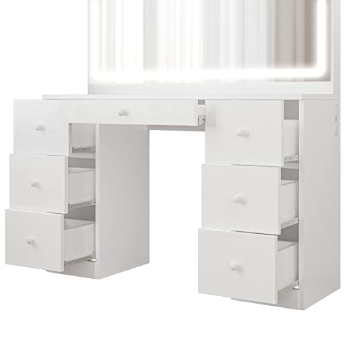 IRONCK Vanity Desk with LED Lighted Mirror & Power Outlet, 7 Drawers Makeup Vanities Table with Stool, for Bedroom, White IRONCK