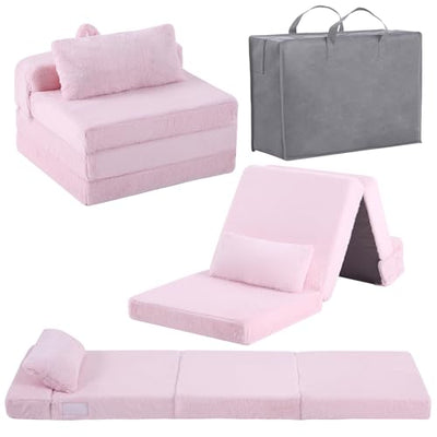 Givjoy Foldable Floor Mattress with Pillow for Kids, Toddler Washable Tri Folding Floor Nap Mat for Sleeping Daycare, Child Trifold Futon Sofa Bed with Storage Bag for Playroom Girls and Boys, Pink