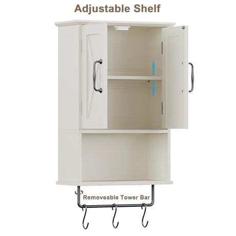 ChooChoo Farmhouse Medicine Cabinet, Bathroom Wall Cabinet with Adjustable Shelf, Towel Bar, 3 Hooks, Over The Toilet Storage Cabinet for Bathroom, Kitchen, White ChooChoo