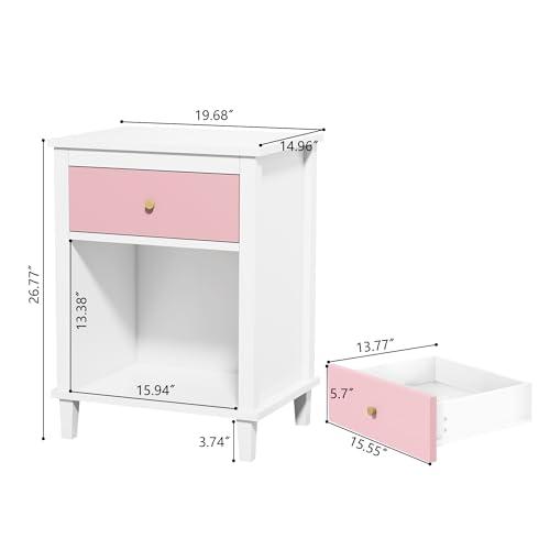 AOPNOMU Modern Nightstand, Kids Nightstand with One Drawer, End Table for Boys and Girls, Toddler Nightstand for Living Room, Bedroom (Pink) AOPNOMU
