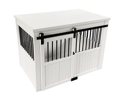 New Age Pet® ECOFLEX® Homestead Sliding Barn Door Furniture Style Dog Crate - Antique White, Large (EHDBC15-04L) - Stylish, Durable, Removable Cushions, Easy to Assemble. - WoodArtSupply