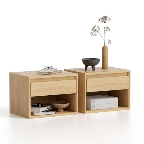 MoomJiee Floating Nightstands Set of 2, Mid Century Modern End Table with Drawer and Open Compartment Wall Mounted Wooden Bedside Night Stand Small Storage Cabinet for Bedroom, Natural Oak MoomJiee