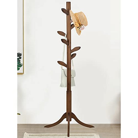 Coat Rack Freestanding Bamboo Coat Tree Rack with 8 Leaf Hooks, 3-Size Height Adjustable for Adults & Younger, Clothes Hanger Stand for Jacket, Hat, Entryway/Hallway/Corner/Bedroom (Vintage Brown) Bekrvio