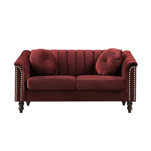 UOCFYK 60" Loveseat Sofa, Microfiber Chesterfield Upholstered Sofas Love Seat, Couch Chair Sets with Style Button Tufted, Scroll Arms and Nailhead for Living Room, Office, Apartment-Red UOCFYK