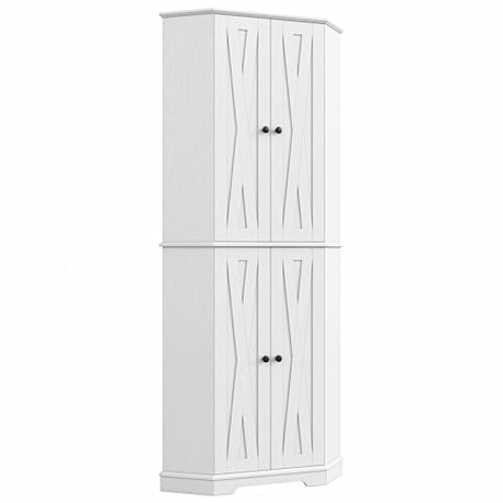 IRONCK Corner Cabinet, 72" H Kitchen Pantry Storage Cabinet, 4 Barn Doors with Storage Rack, 4 Adjustable Shelves, 6-Tier Tall Food Pantry Cabinet, Farmhouse Hutch for Kitchen Dining Room, White IRONCK