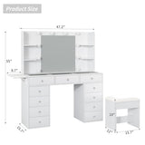 FUSOU Vanity Desk with Power Outlet, 11 Drawers Makeup Vanity with Lighted Mirror, 3 Colors Adjustable, Glass Top Vanity with Chair, 4 Shelves and Fold-up Panel, Dressing Table for Bedroom, White FUSOU