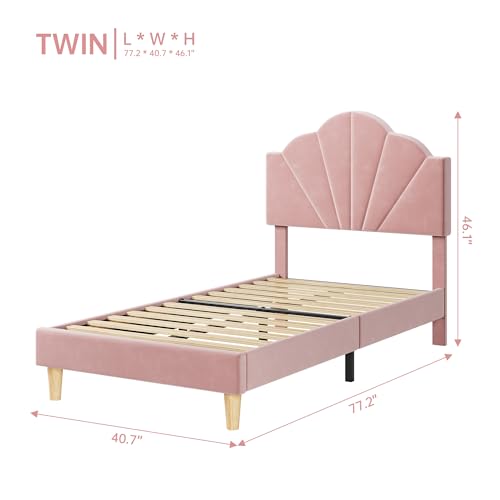 IDEALHOUSE Twin Bed Frame, Velvet Upholstered Platform Bed Frame with Height Adjustable Headboard for Boys & Girls, Wood Slat Support, Easy to Assemble, No Box Spring Needed, Light Pink IDEALHOUSE