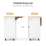 Ahomly White Kitchen Island with Drop Leaf, Spacious Storage, 5 Wheels, and Towel Bar Ahomly